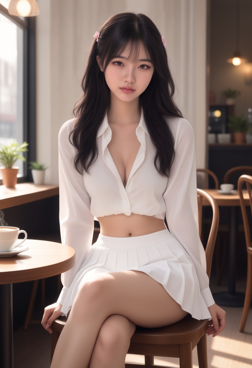 A Korean woman seated at a café table slowly unbuttons her shirt, revealing her breasts, and then her pleated skirt sli…