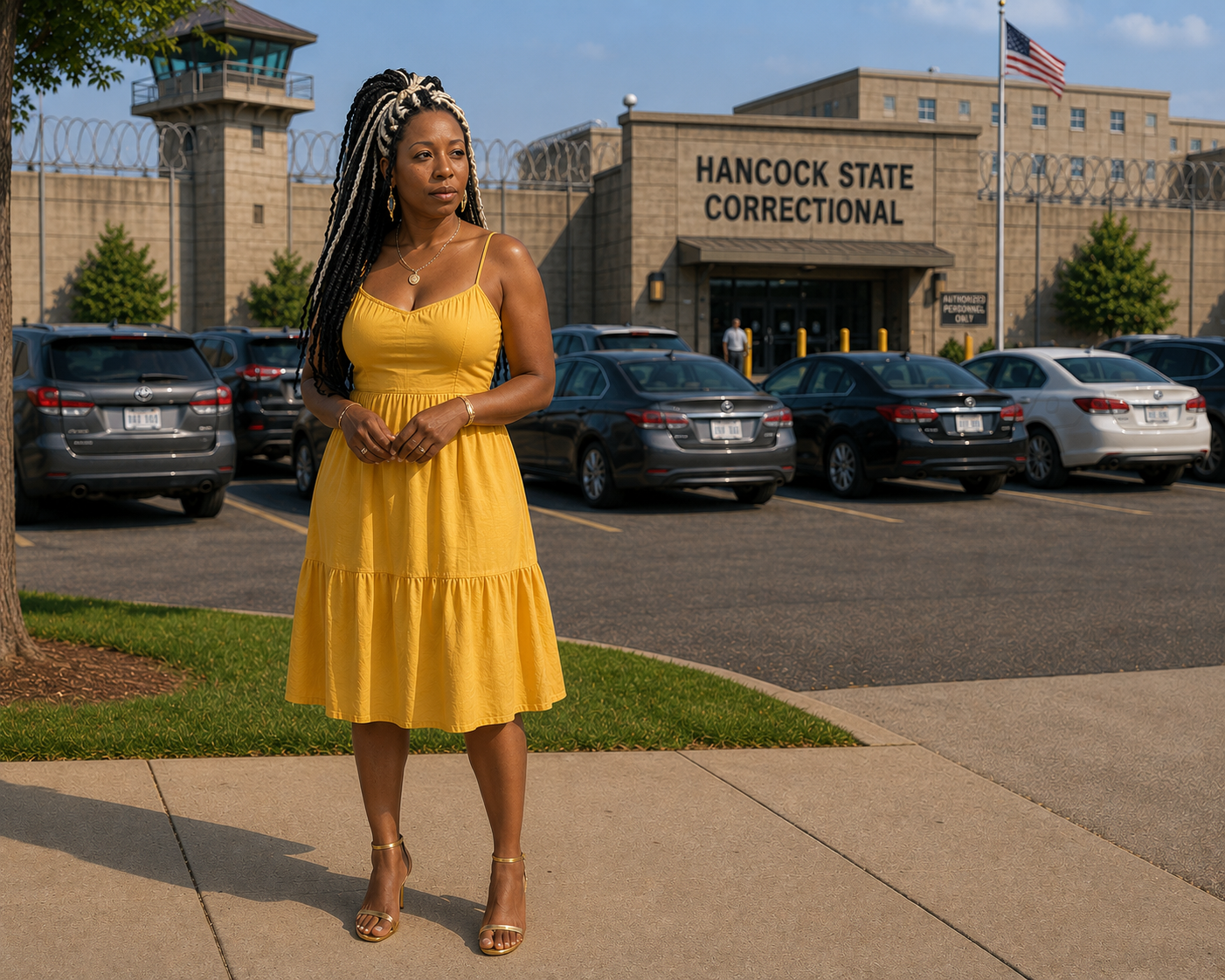 The woman stands alone near the entrance in a yellow dress, nervously twisting her necklace. She watches every person who exits the build...