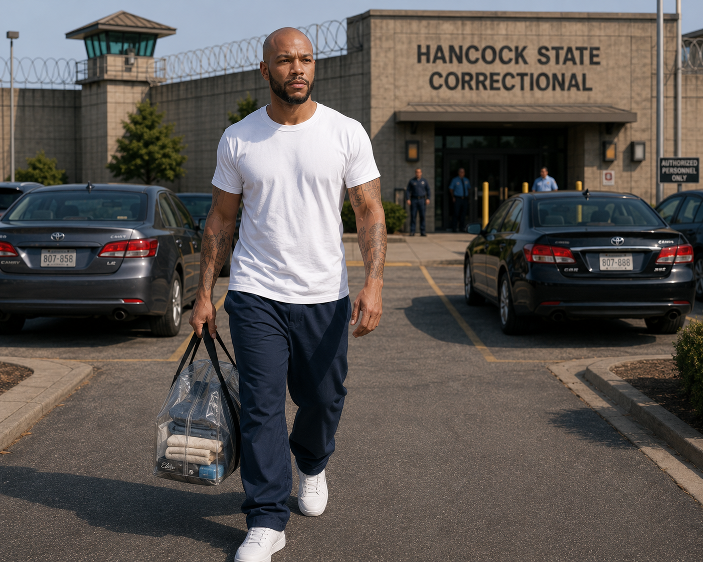 The man walks out carrying his clear property bag. He pauses. Looks forward. He smiles a big smile. Soft instrumental music begins.