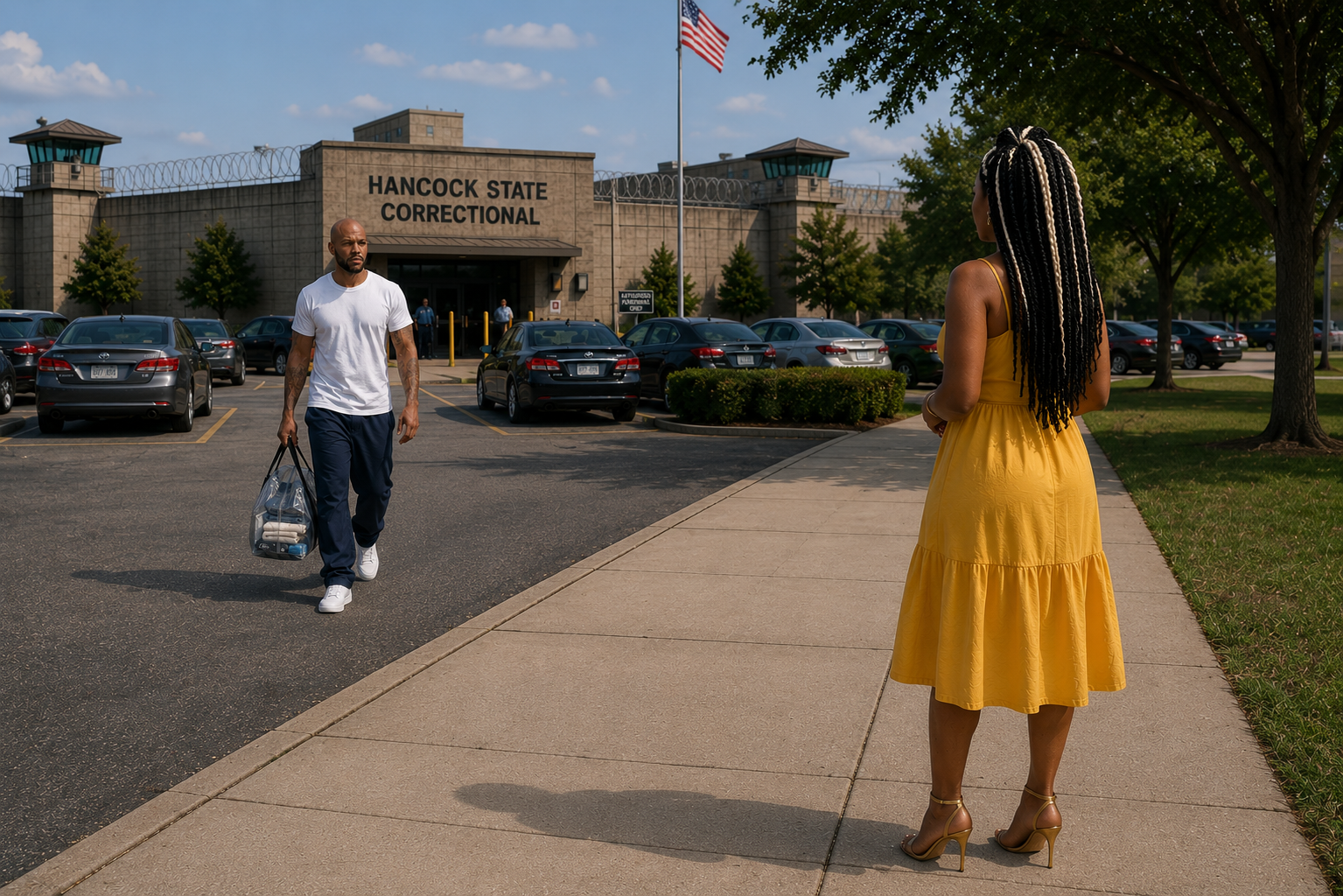 The athletic bald man in a white t-shirt and navy sweatpants walks slowly toward the curvy woman in the yellow midi dress, both their gaz...