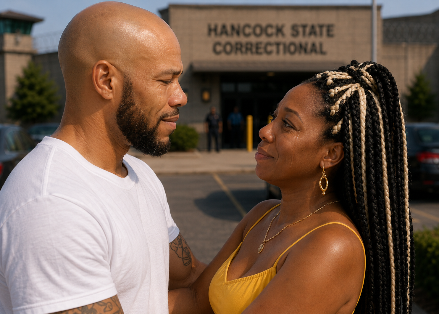 The man and the woman stand close, facing each other, as tears stream down their faces. The woman gently places her hands on his cheeks, ...