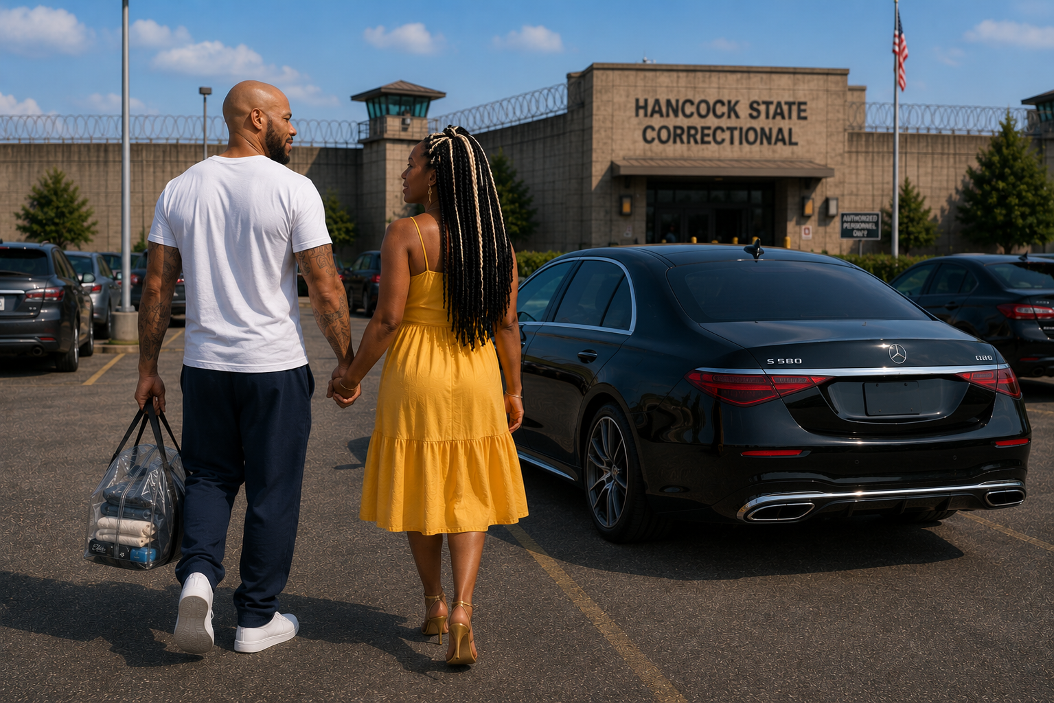 Hand in hand, the man and woman begin walking toward their car. The man carries his property bag in one hand while holding her hand with ...