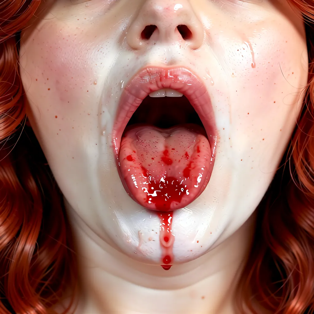 In a shot, she has her mouth wide open and tongue sticking out, coated in a viscous red liquid dripping down her chin. Her pale, freckled...