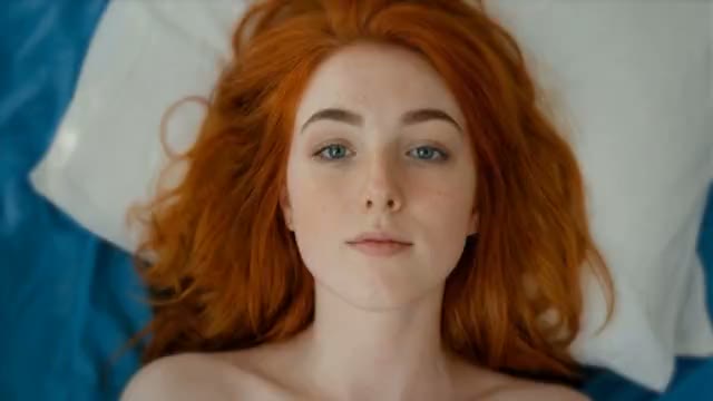 A slender fair-skinned woman with long wavy red hair lies supine on a bed, legs spread wide. The man, partially visible…