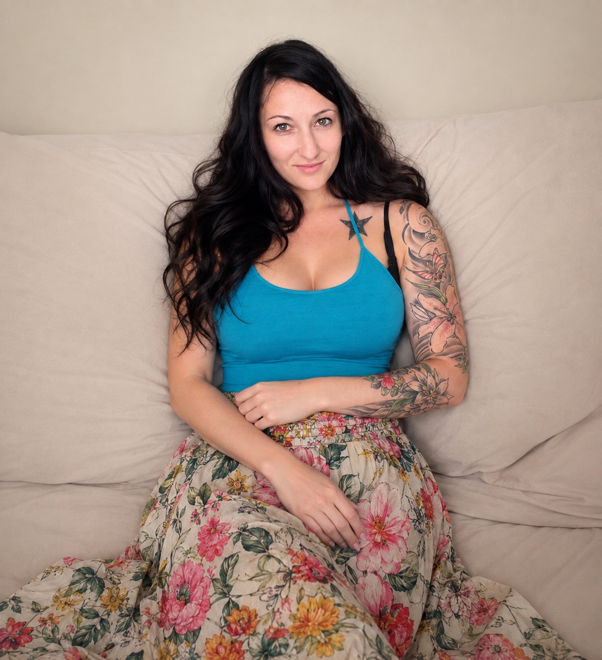Starting from the exact pose, she slides forward a little bit in one continuous movement, legs settling naturally. She …