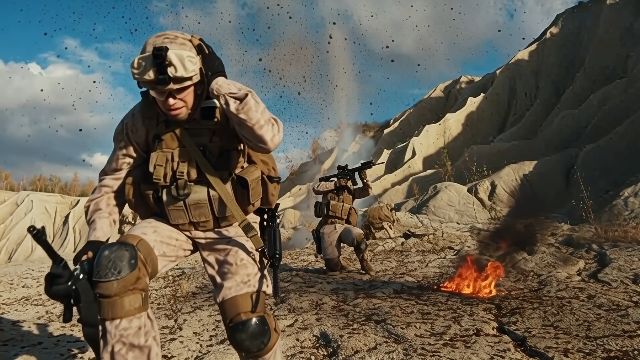 Battlefield, soldiers in a war, shooting, explosions. No music.