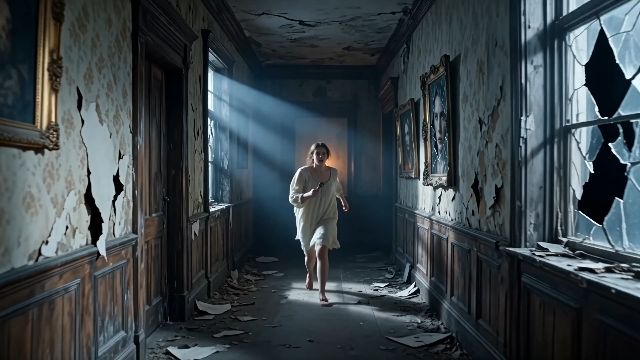 A lone, terrified woman, dressed in tattered nightclothes, flees through an ancient, decrepit mansion. The scene is set at midnight, with...