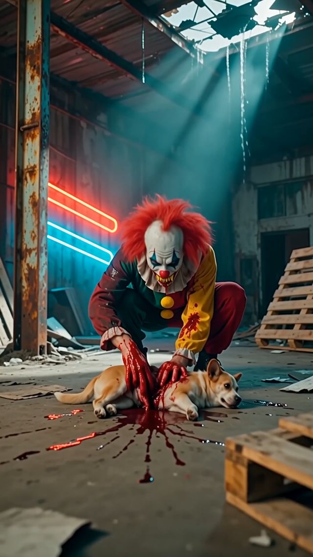 A grotesque, pale-faced horror movie clown, with jagged teeth and wild, red hair, stands in a dimly lit, abandoned warehouse, bathed in c...