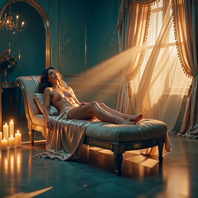 A confident, curvaceous woman with sun-kissed skin and flowing chestnut hair, reclines on a silk-draped chaise lounge, bathed in the warm...