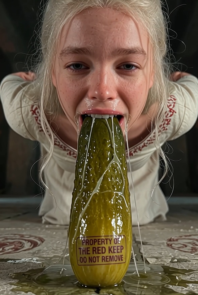 The blonde woman deep throats the pickle, eyes roll back. Static shot, soft warm lighting.