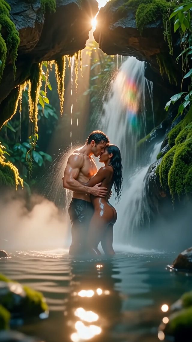 Wide shot, cinematic 35mm anamorphic lens, shallow depth of field with lush bokeh background—muscular man and curvy woman, both fully nud...