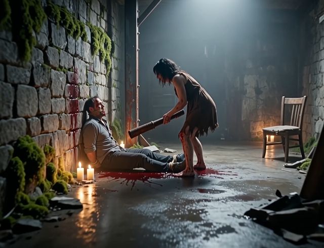 A deranged, wild-eyed woman, her face contorted with madness, relentlessly assaults a bound man in a dimly lit, decrepit basement. The sc...