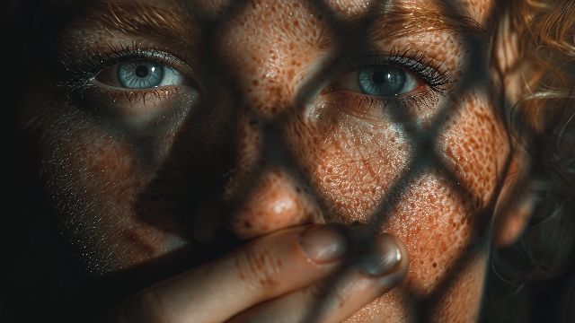 A completely terrified woman from the most terrifying horror movie, her light skin glistening with sweat, freckles star…