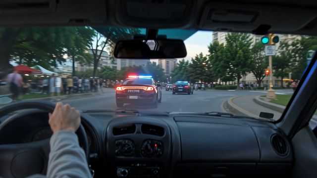 A man escaped from a jail is driving a stolen car fast, running from the police who are following him. Shot 1 [0-3s]: A…