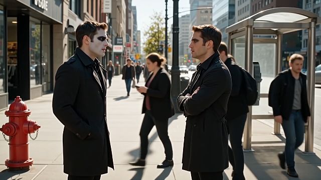 A intense street confrontation between two gangster men. Shot 1 [0-3s]: The camera pans over a crowded street, showing people walking in ...